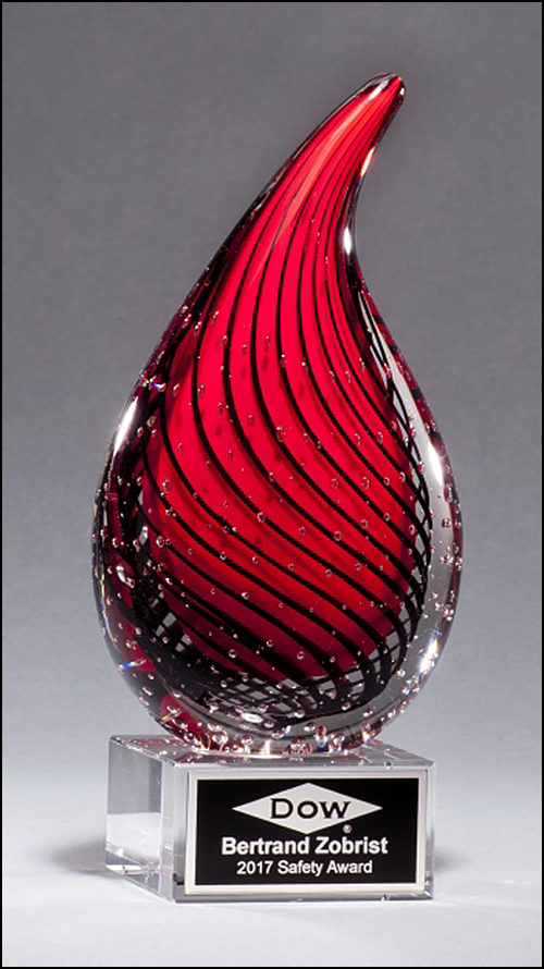 Personalized Droplet Shaped Red Art Glass Engraved Award on Clear Glass Base