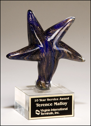 Personalized Star Shaped Blue Art Glass Award with Gold Metallic Highlights