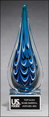 Personalized Blue Black Teardrop Shaped Art Glass Award on Clear Glass Base