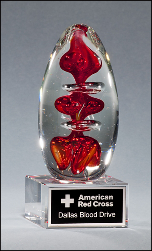 Personalized Egg Shaped Red Art Glass Engraved Award on Clear Glass Base