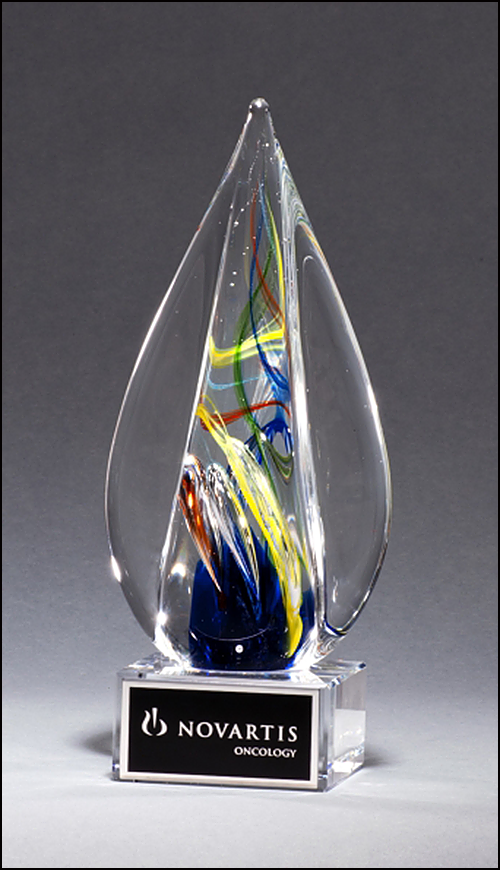 Personalized Flame shaped Art Glass Engraved Award on Clear Glass Base