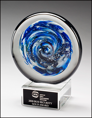 Blue and White Disc Personalized Art Glass Award