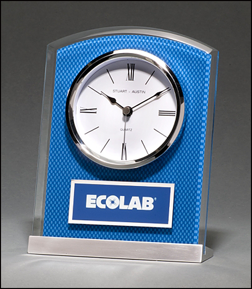 BC1007 Personalized Glass Clock with Blue Carbon Fiber Design on Aluminum Base