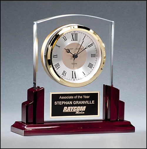 BC1028 Personalized Clear Glass Clock on Rosewood Base