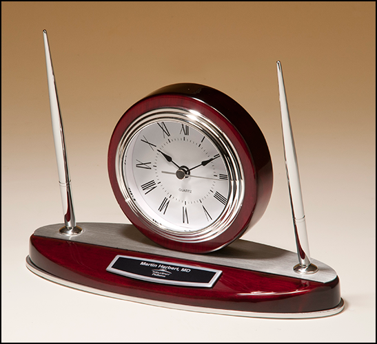 BC1040 Personalized Rosewood piano finish desk clock and pen set