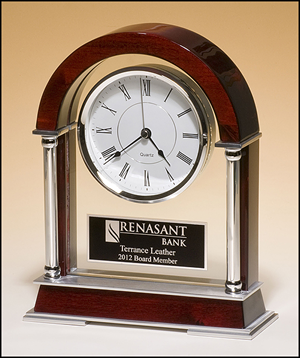 BC879 Personalized Rosewood Finish Mantle Clock with Chrome Plated Posts