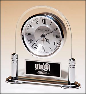 BC999 Personalized Beveled Glass Desk Clock with Silver Metal Finish