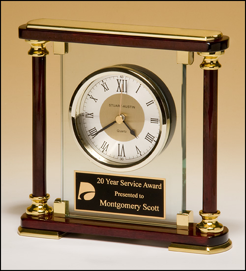 BC956 Personalized Glass and Rosewood Piano Finish Clock with Gold Metal Accents