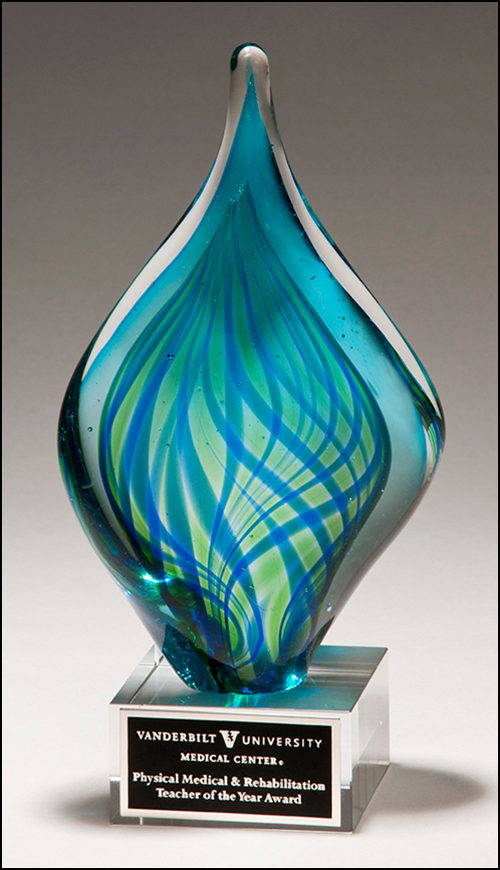 Blue and Green Twist Engravable Art Glass Award with Clear Glass Base