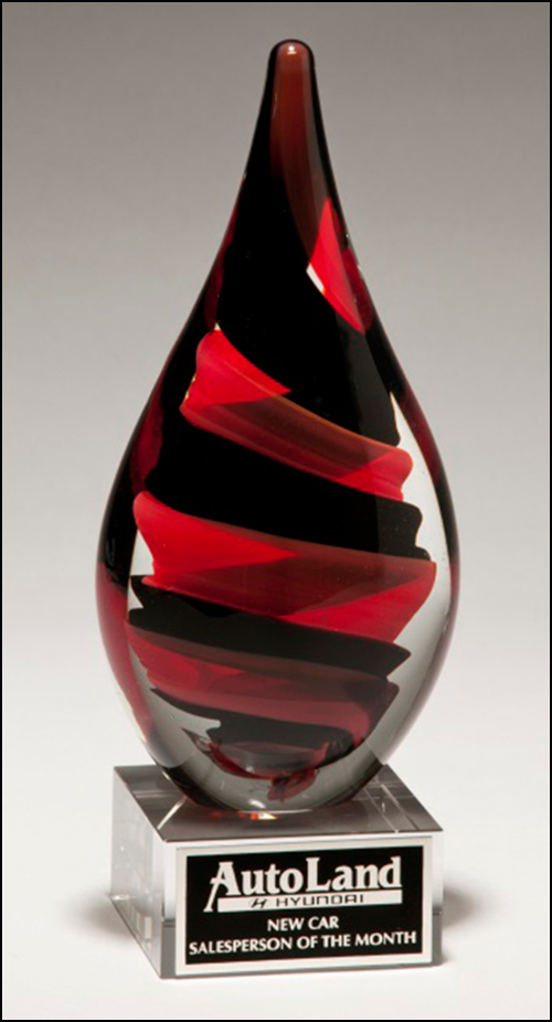 Black and Red Helix Art Glass Personalized Award with Clear Glass Base