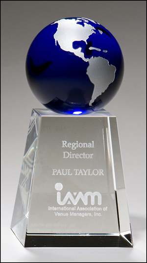 K9124 Engravable Crystal Trophy With Blue World Globe